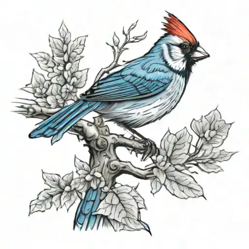 Cardinal On A Tree Watching A Blue Jay Fly Away