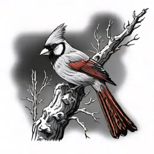 Cardinal On A Tree Watching A Blue Jay Fly Away