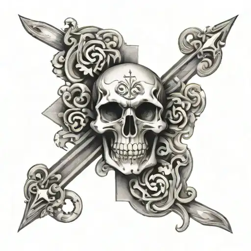 Skull And Cross Bones With Scroll Work Chest Tattoo Geometric