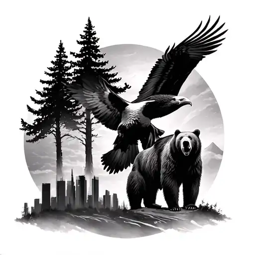 Tree Skyline With A Bear And Eagle Flying Towards