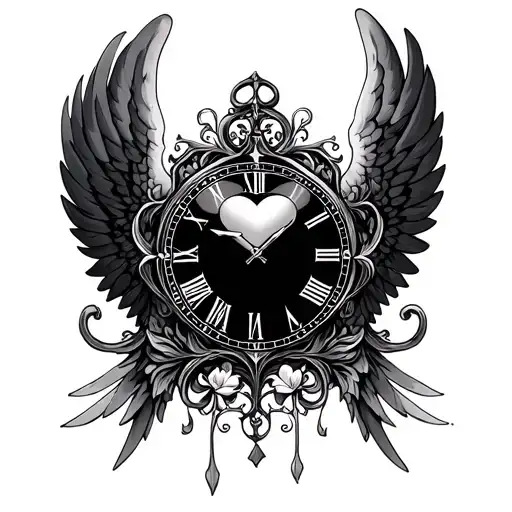 Heart Clock Angel Wings
