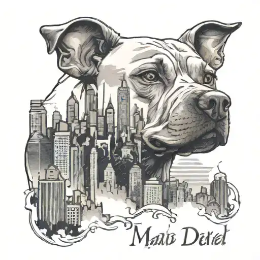 A Cityscape Tattoo Featuring The Skyline Of Madrid With A Pitbull Silhouette In The Foreground