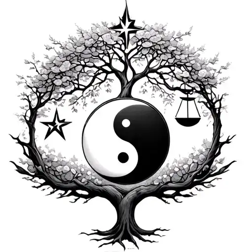 A Tree Of Life With A Yin Yang And Libra And A Shooting Star