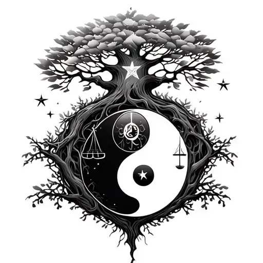 A Tree Of Life With A Yin Yang And Libra And A Shooting Star