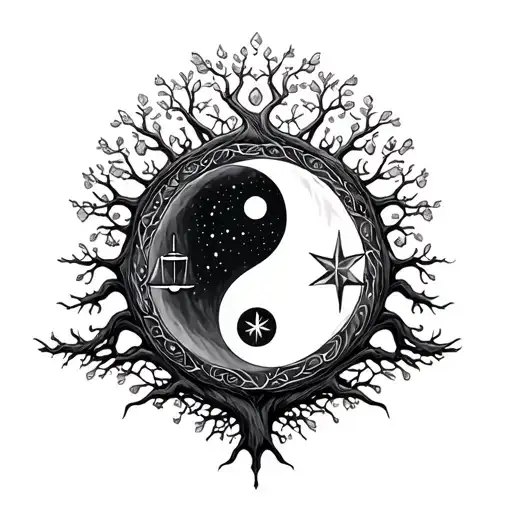 A Tree Of Life With A Yin Yang And Libra And A Shooting Star