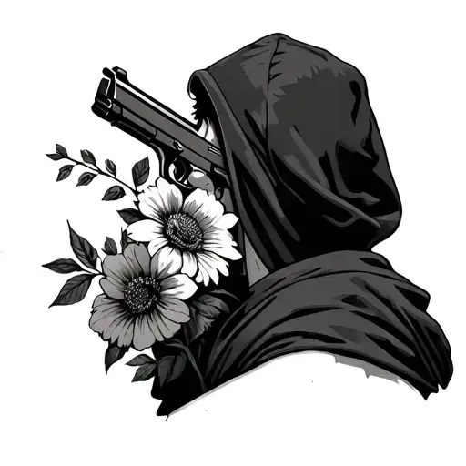 Gun And Flowers A Man In A Hoodie Back Facing Forward