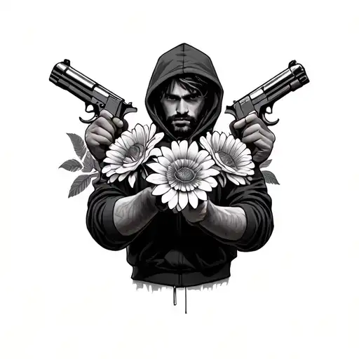 Gun And Flowers In Each Hand A Man In A Hoodie Back Facing Forward