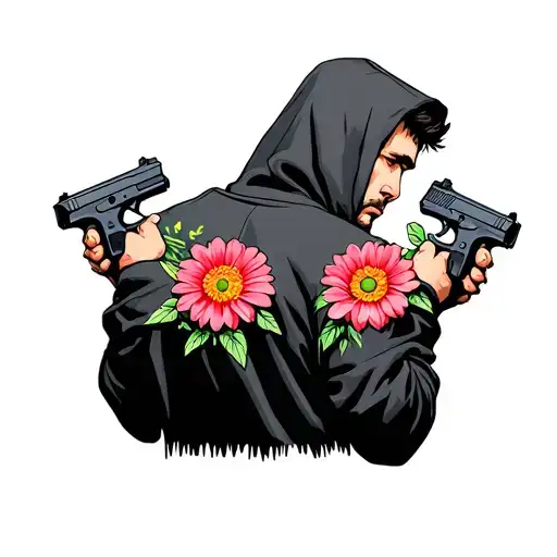 Gun And Flowers In Each Hand A Man In A Hoodie Back Facing Backwards