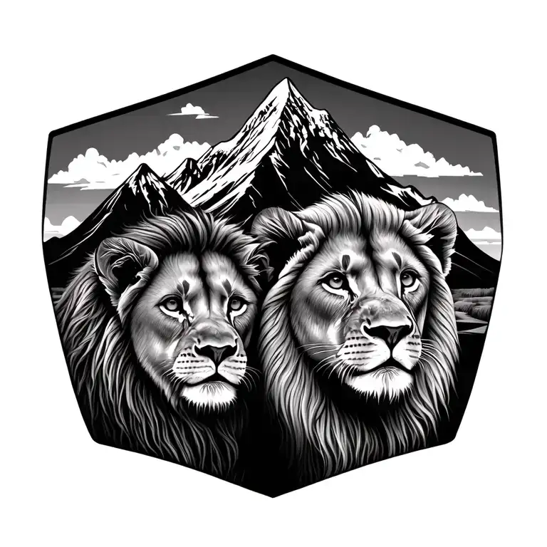 Lion And Cub With Mountain Background Black And White