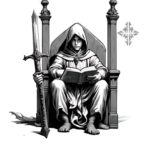 Boy In Hood Sitting On A Throne Holding Open Book With Sword Next To Him
