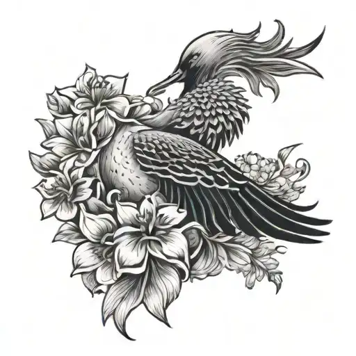 Duck In Japanese Crane Style With Flowers And Heavy Black And Grey Contrast