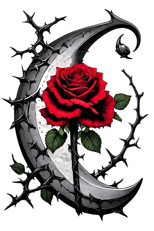 A Sickle Covered With Thorn Branches Bloomed Red Roses Under The Moon