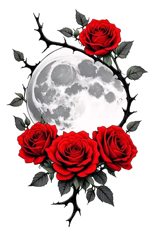 Thorn Branches Bloomed Red Roses Under The Moon