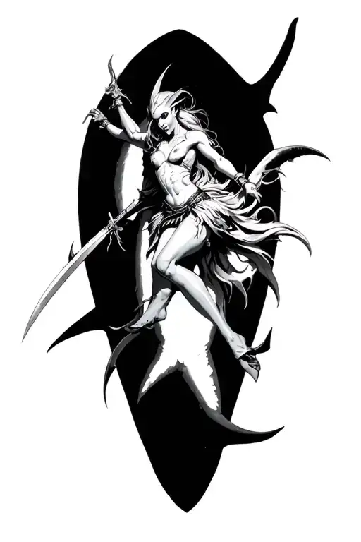 A Lineage2 Female Dark Elf Abyss Walker With Dagger Dancing On A Shark