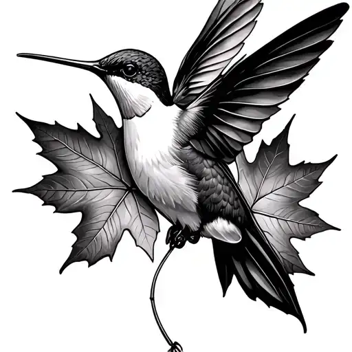 Hummingbird With Maple Leaf Intertwined Line Drawing