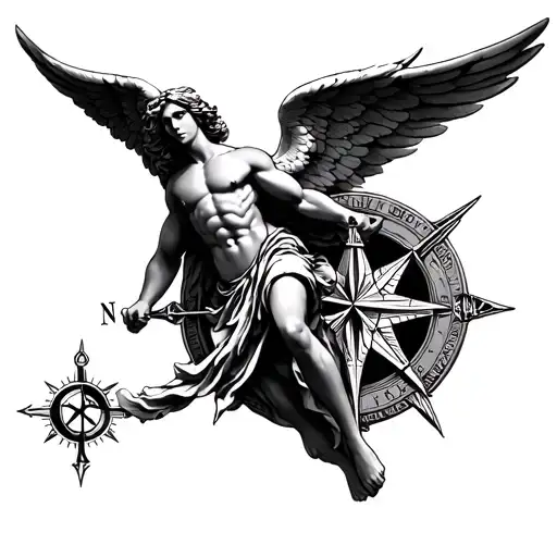 Muscular Angel With Wings Flying With A Compass Rose Surrounded