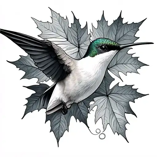 Hummingbird With Maple Leaf Line Drawing