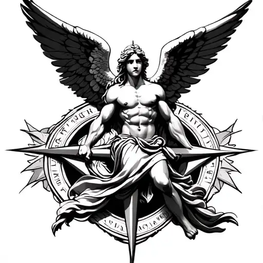 Muscular Angel With Wings Flying With A Compass Rose Surrounded