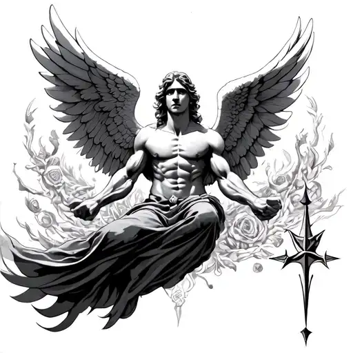 Muscular Angel With Wings Flying With A Compass Surrounded By Various