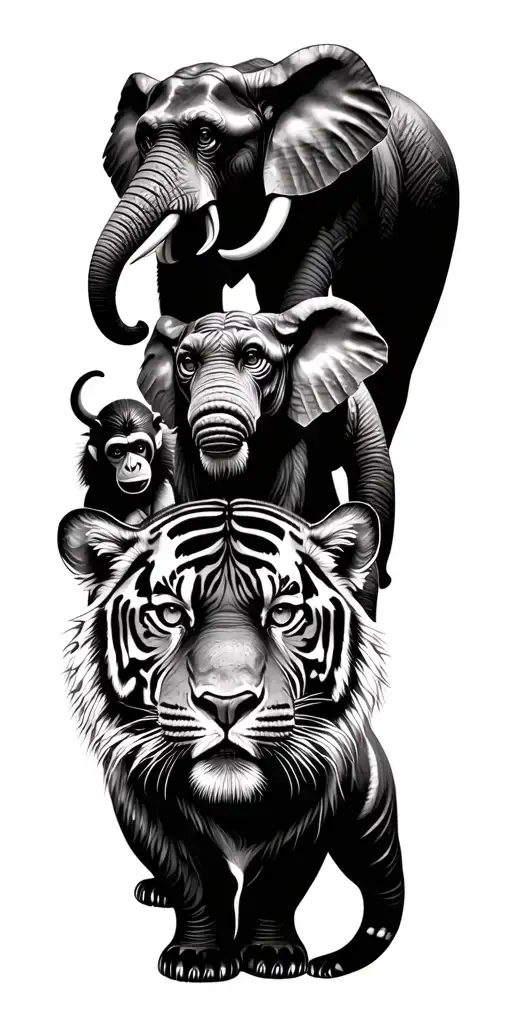 Two Monkeys An Elephant And A Tiger In The Jungle