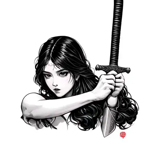 Japanese Naked Girl With Katana In Her Hands