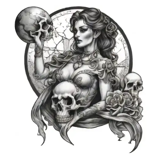 A Beautiful Mysterious Woman Holding A Skull Surrounded By The Moonlight