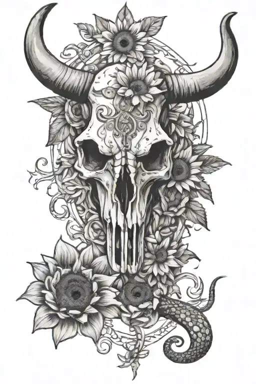 Longhorn Skull With Snake Underneath Her With Sunflowers