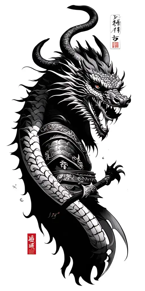Japanese Realism With Samurai And Dragon