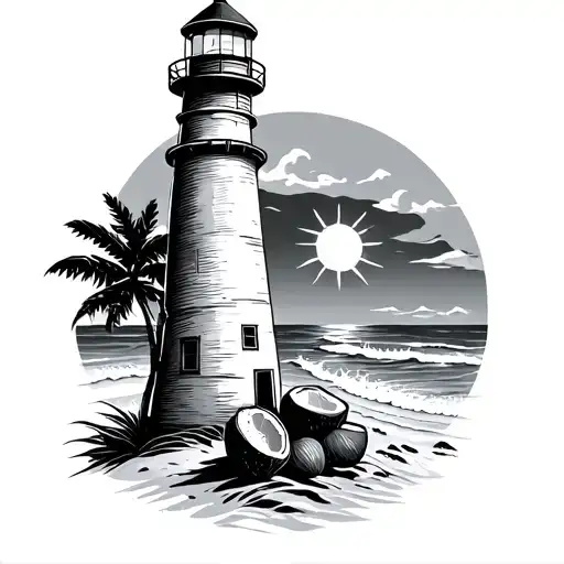 Small Lighthouse On Beach With Sun And Coconuts