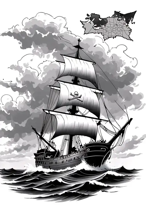 Pirate Ship Sailing Through Stormy Seas With Storm Clouds And A Pirate Map Above