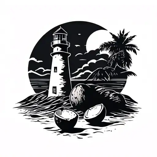 Simple And Small Tattoo Of Lighthouse On Beach With Sun And Coconuts
