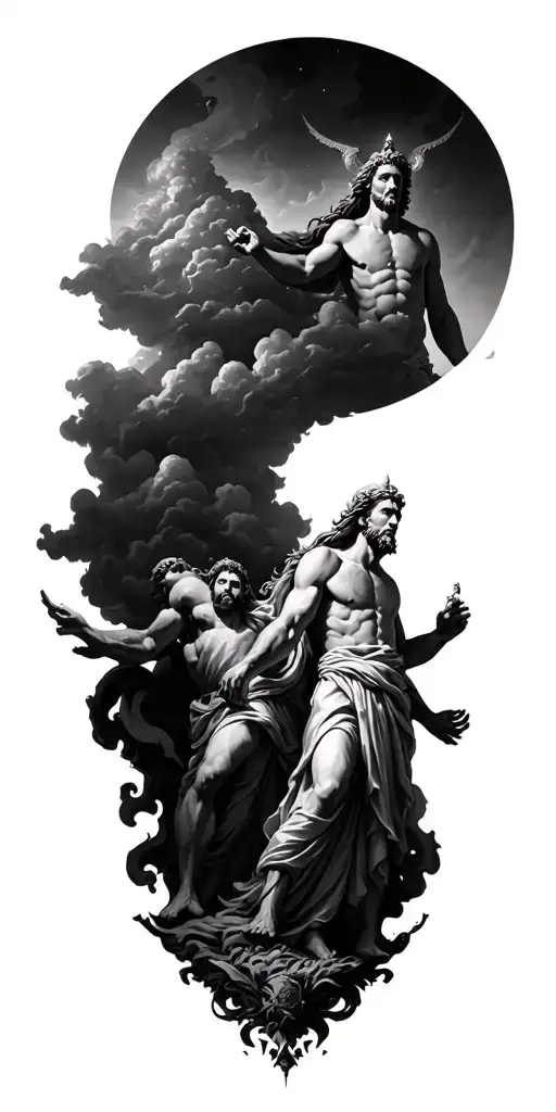 Olympus Gods With Hades In Hell At The Bottom And Zeus In The Clouds On The Shoulder