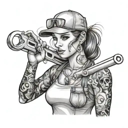 Realistic Portrait Of A Female Mechanic With Tattoos And Holding A Wrench