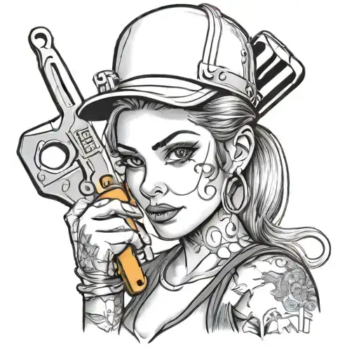 Realistic Portrait Of A Female Mechanic With Tattoos And Holding A Wrench