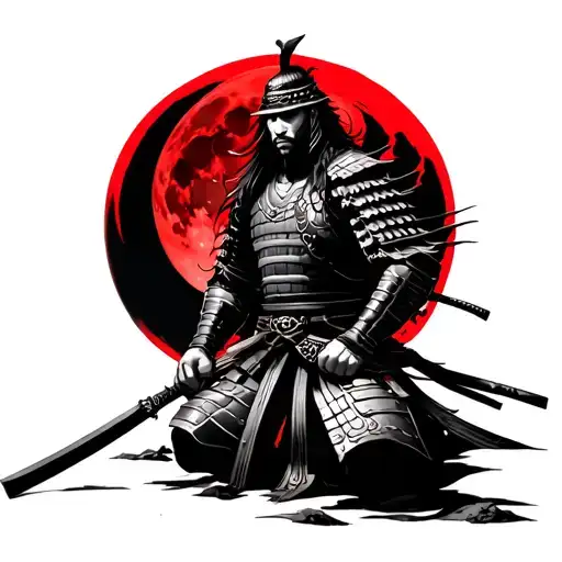 Samurai Warrior Kneeling Below Red Moon