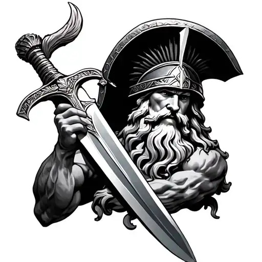 Realism Zeus Holding A Sword With A Spartans Hat