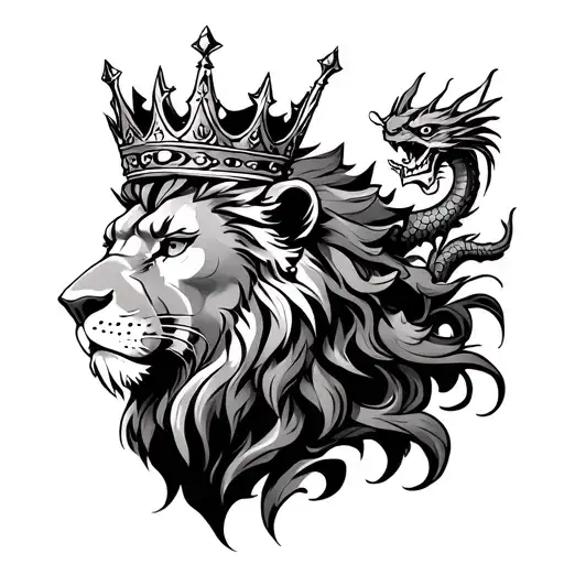 Head Lion Wearing A Crown With 3 Dragons Around
