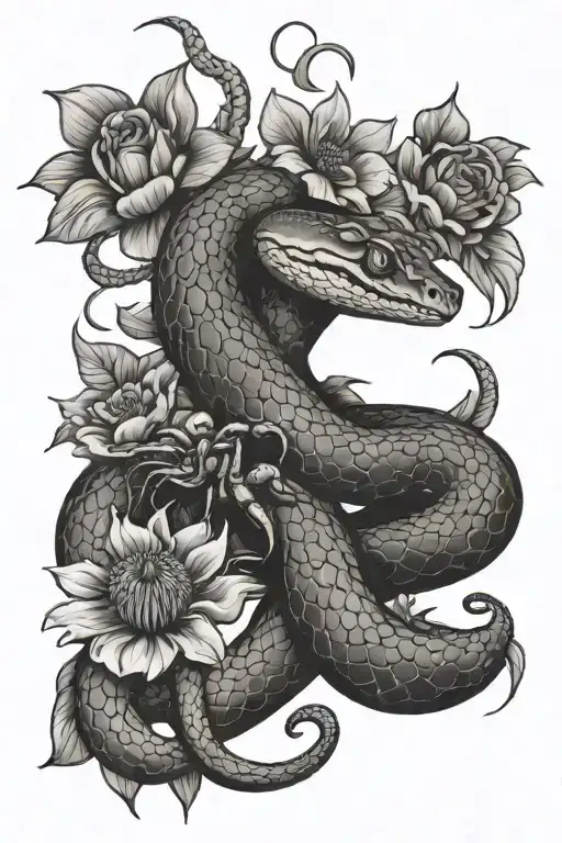 Snake With Tarantula And Flowers