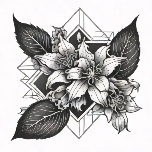 Larkspur And Lily Of The Flower With Geometric Frame Line