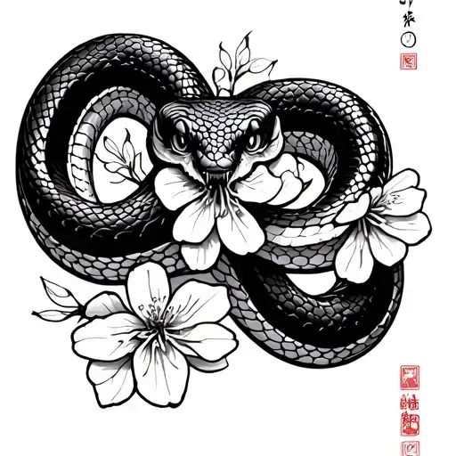 Japanese Snake With Cherry Blossom Flowers