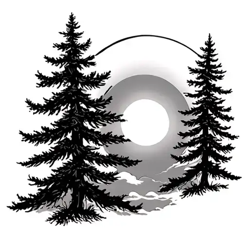 3 Pine Trees With A Maltese Cross As The Sun