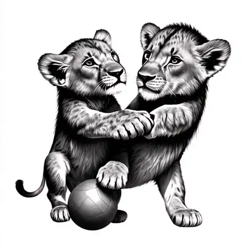 Two Realistic Lion Cubs Playing With Ball
