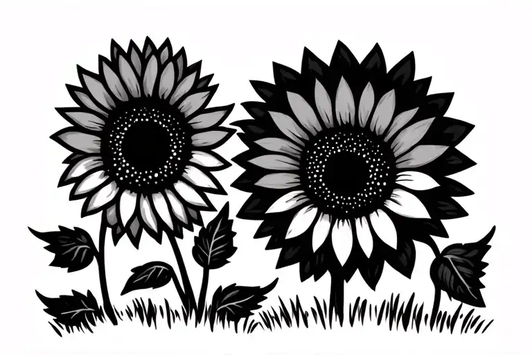 Two Simple Cartoon Sunflowers Dancing In A Field