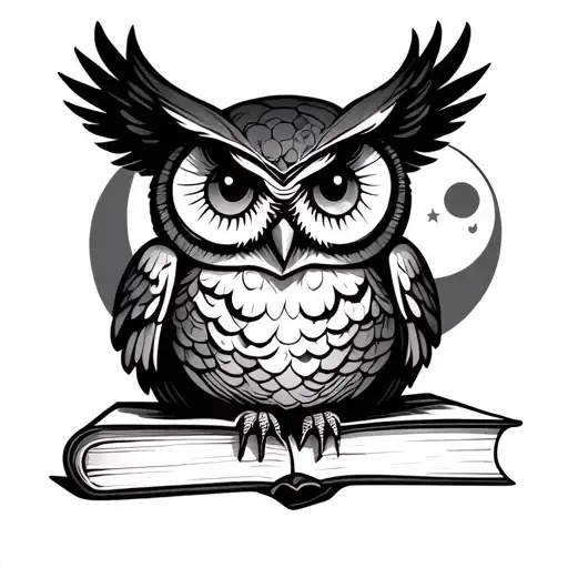 Owl On Book With Moon Rising