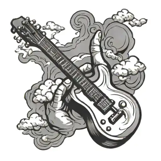 Rock Out Hand Sign And Guitar With Clouds In The Back