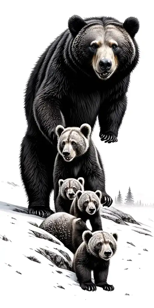 Intense Mama Bear Watching Over 4 Cubs Playing In The Mountains