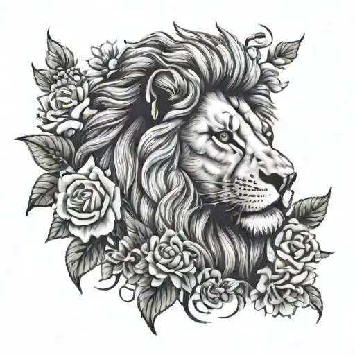 Lion With Cherry Blossoms And Roses