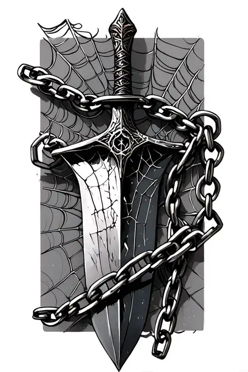 Rusted And Chipped Dagger Covered In Spiderwebs Connecting Chains