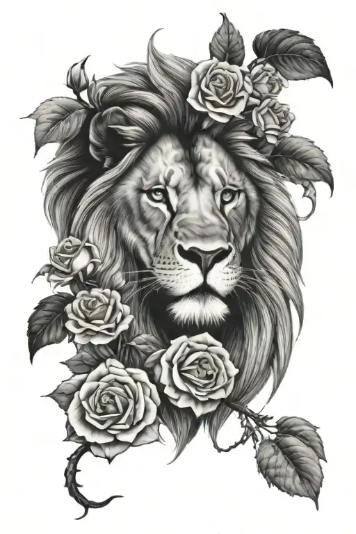 Lion With Cherry Blossoms And Roses