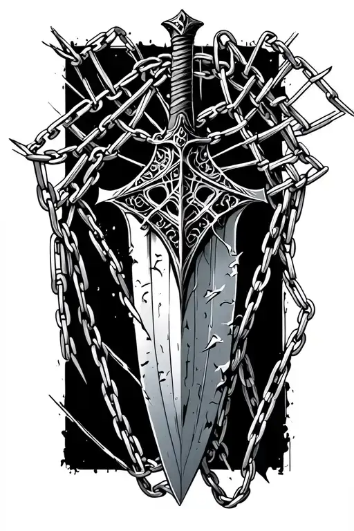 Rusted And Chipped Dagger Covered In Spiderwebs Connecting Chains